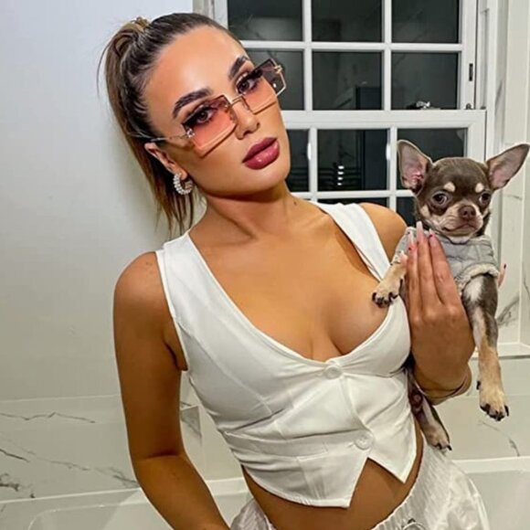 Retro Pink Clear Ombre Rimless Rectangle Square Sunglasses Vintage Shades - Picture 3 of 7